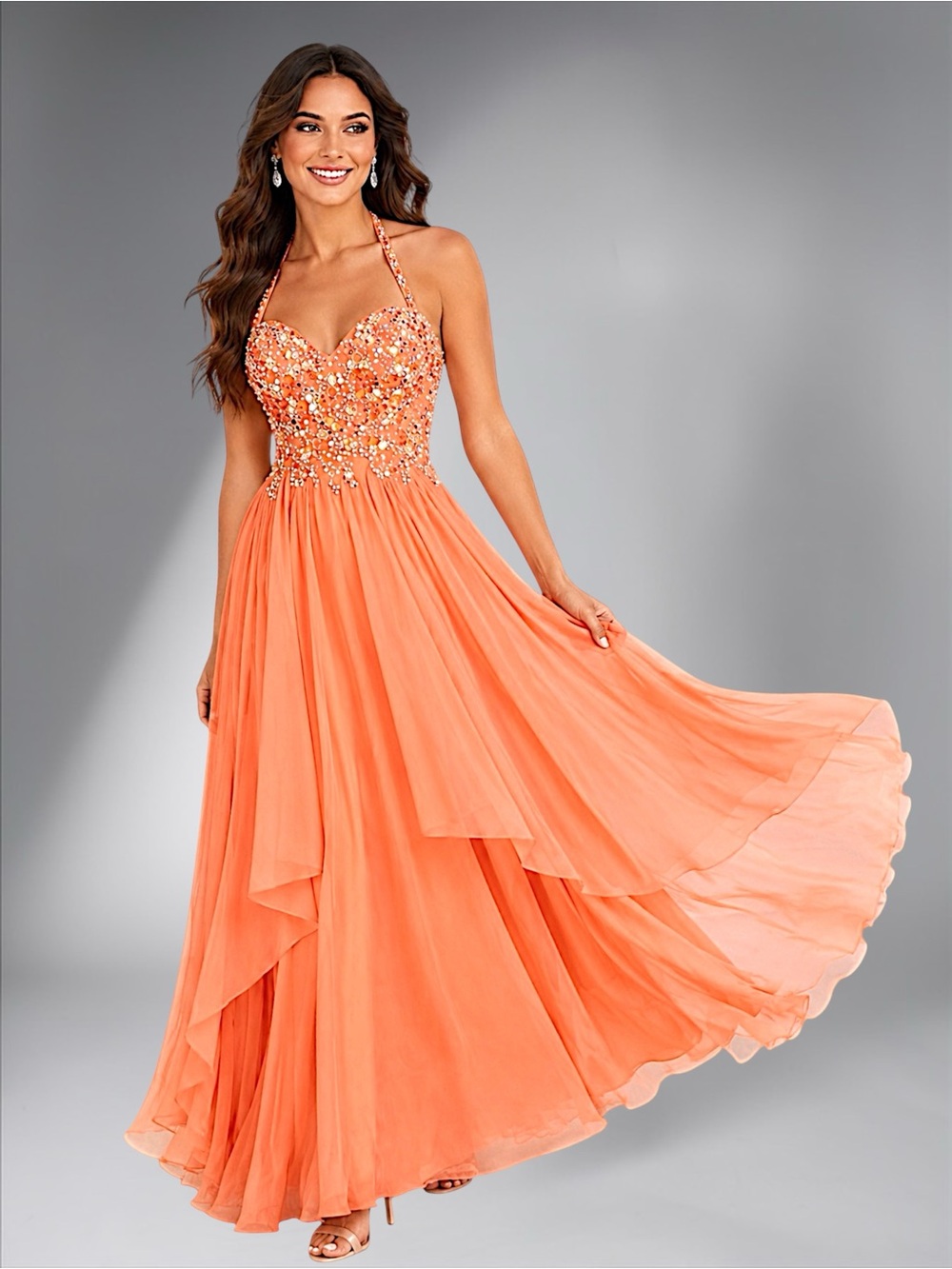 Sparkle Coral Peach Embellished Halter Corset Chiffon Formal Gown – Size 6